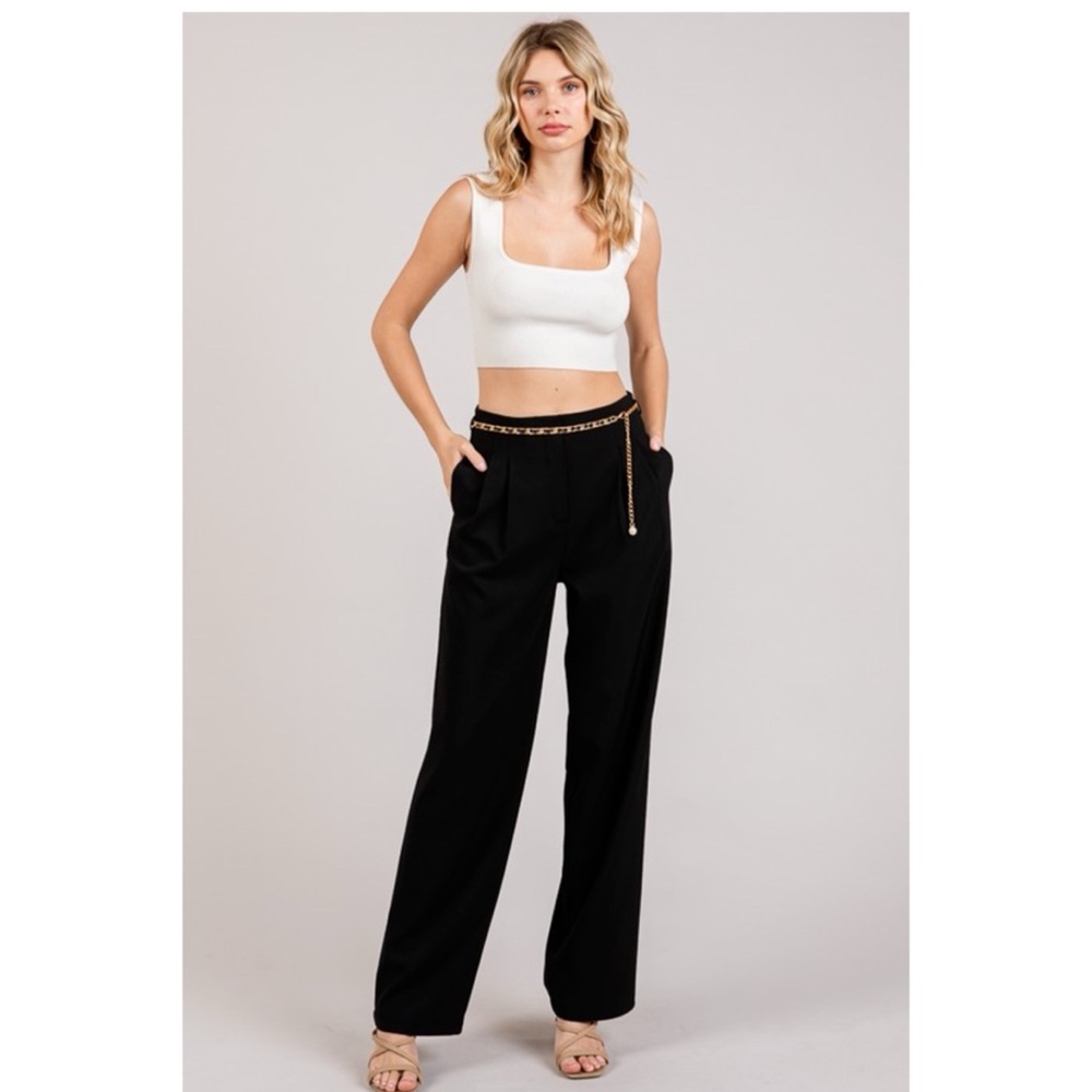 Black Twill Darted Wide Leg Trousers w/Chain Belt & Single Pearl Charm
